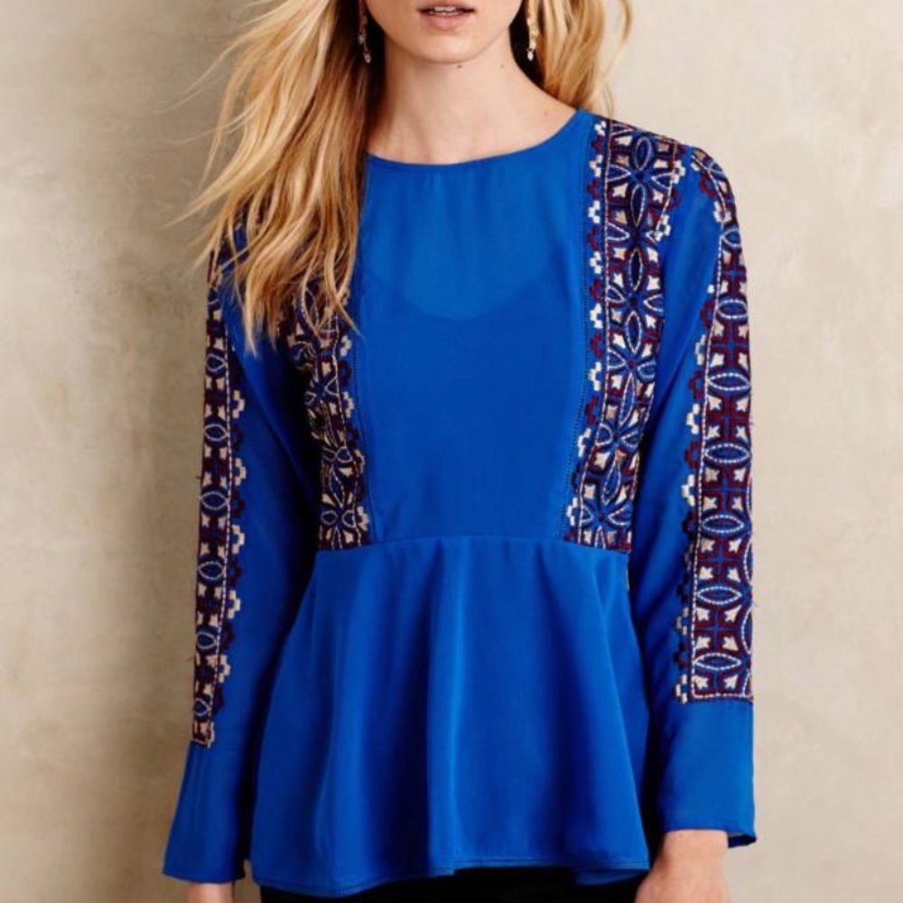 Kas New York blue Embroidered top Anthropologie